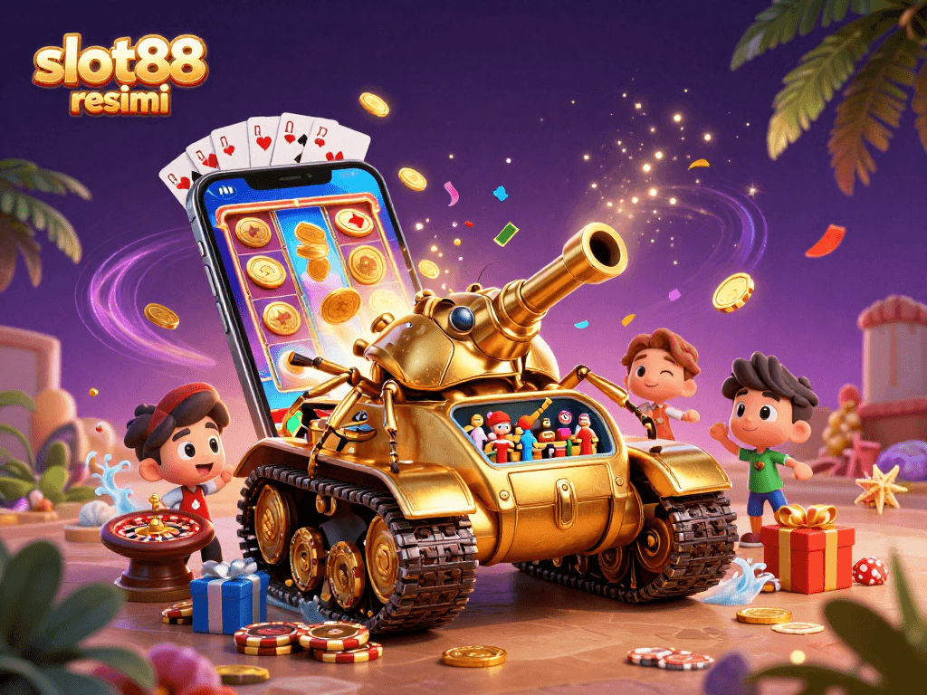 Play exciting slot games at slot88 resmi with a vibrant casino atmosphere and golden treasures.