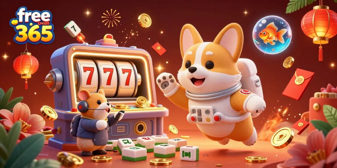 Engaging 3D illustration of the fun world of free credit 365 with a floating astronaut corgi in a vibrant casino.