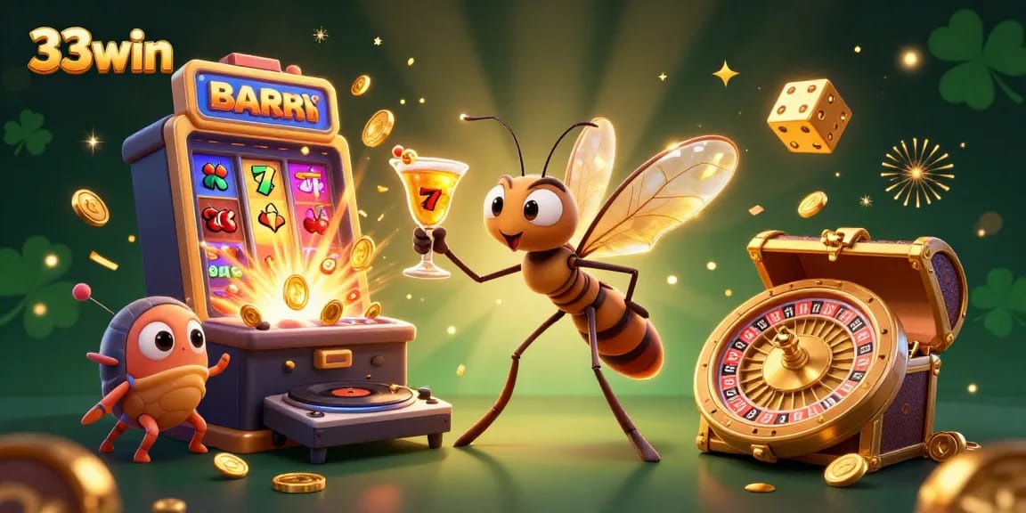 33win showcases a vibrant casino scene with a frozen mosquito mascot and thrilling slot machine action.