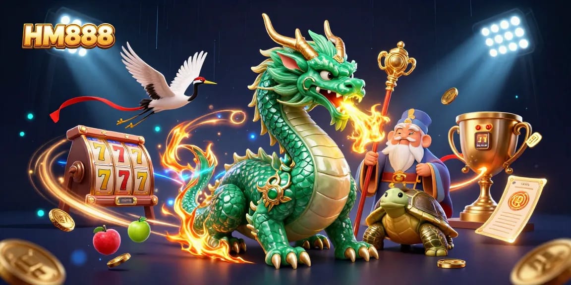 Engage with the vibrant world of HM888 slots featuring a jade dragon, lucky cranes, and thrilling game elements.