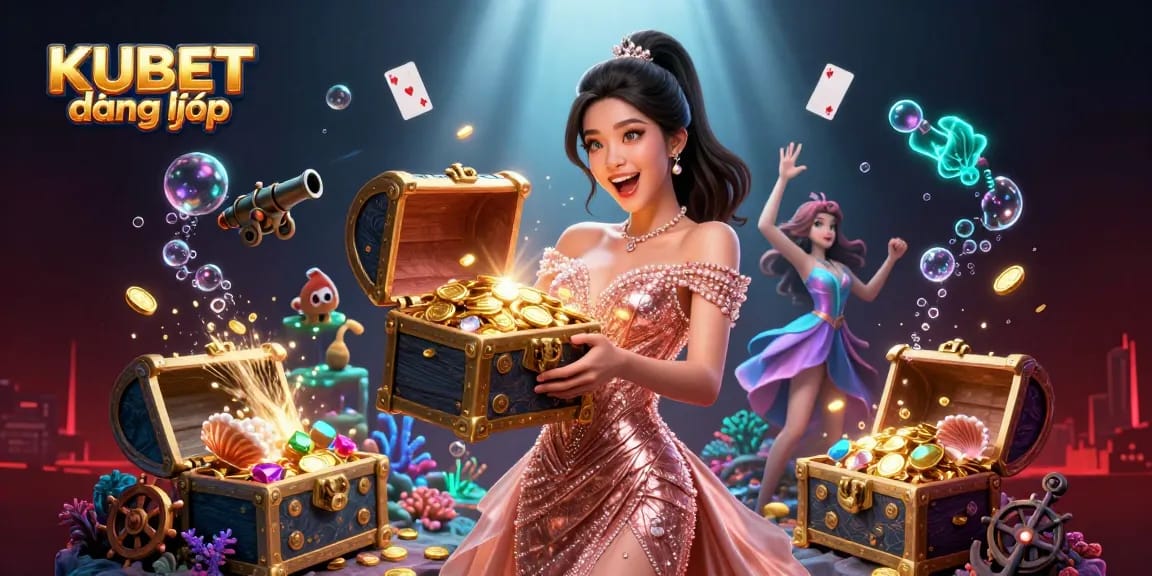 Experience thrilling gaming excitement with KUBET đăng nhập, featuring a dazzling treasure chest of gems and coins.
