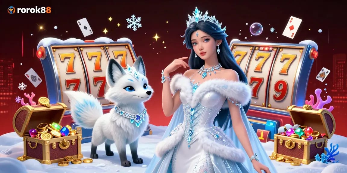 Engage with thrilling casino action at rokok88, featuring a stunning character illustration amidst slots and sparkling treasures.
