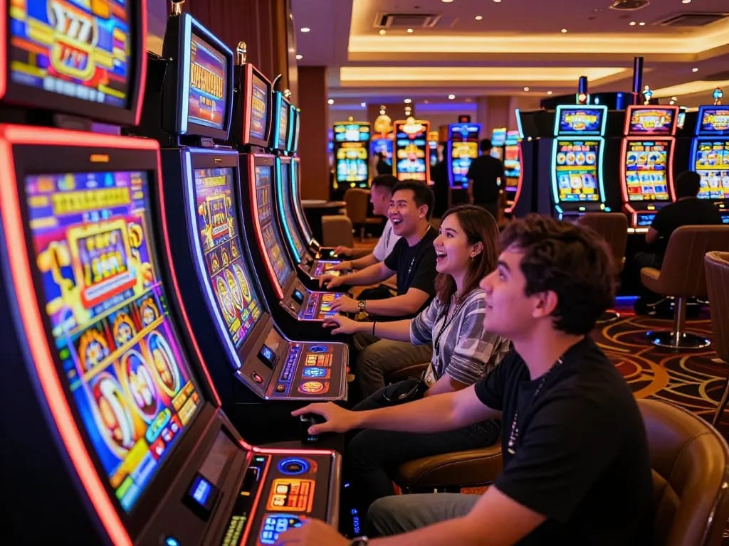Experience the thrill of slot gacor 777 in a vibrant casino environment with players enjoying the excitement of spinning reels.