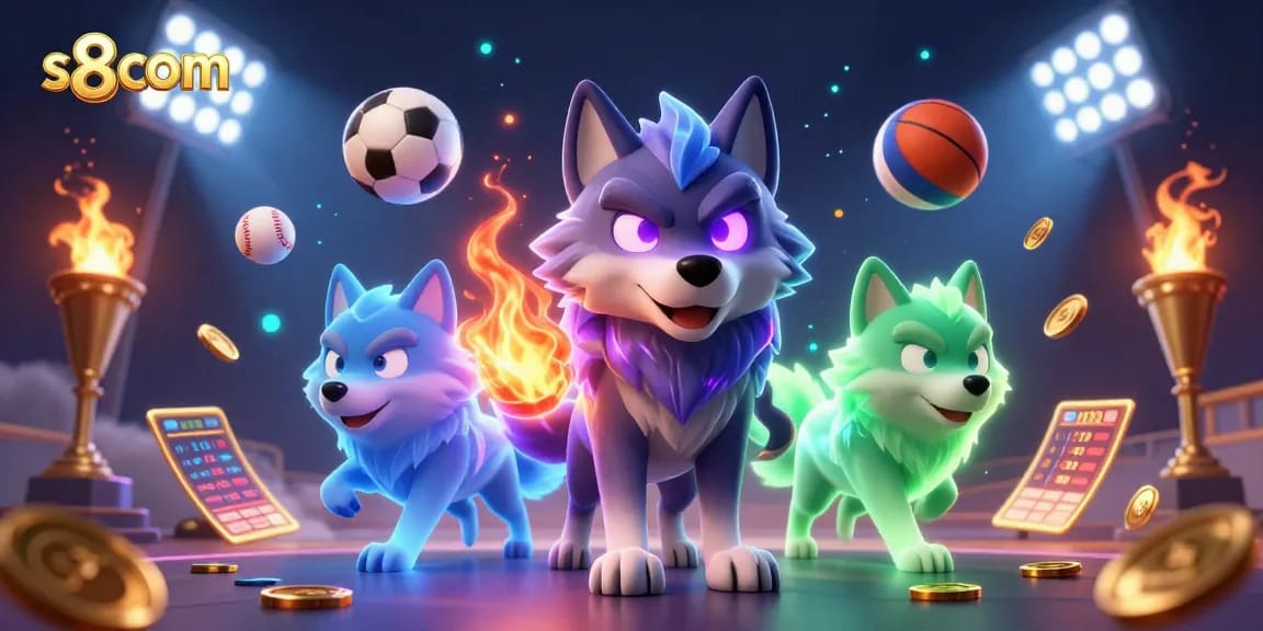 Engage in thrilling bets at s8com with ghostly wolves and dynamic sports elements in a vibrant casino scene.