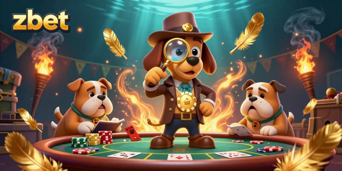 Observe zbet's thrilling poker scene with a detective and bulldog analyzing chips and clues.