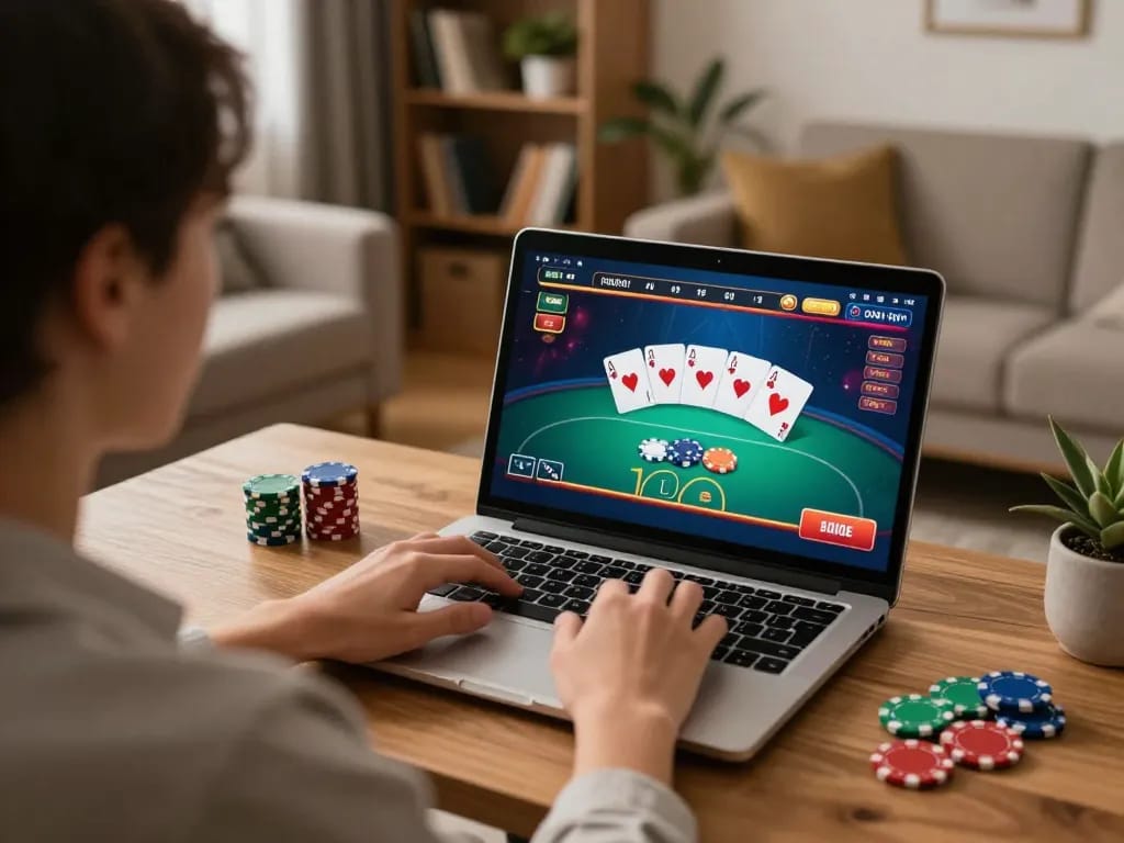 Engaging in online gambling at home with TR88s, displaying vibrant poker gameplay.