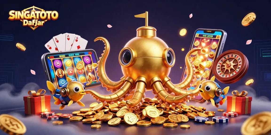 Memenangkan permainan lotere dengan SINGATOTO Daftar, menampilkan kapal selam kraken emas dan elemen keseruan kasino.