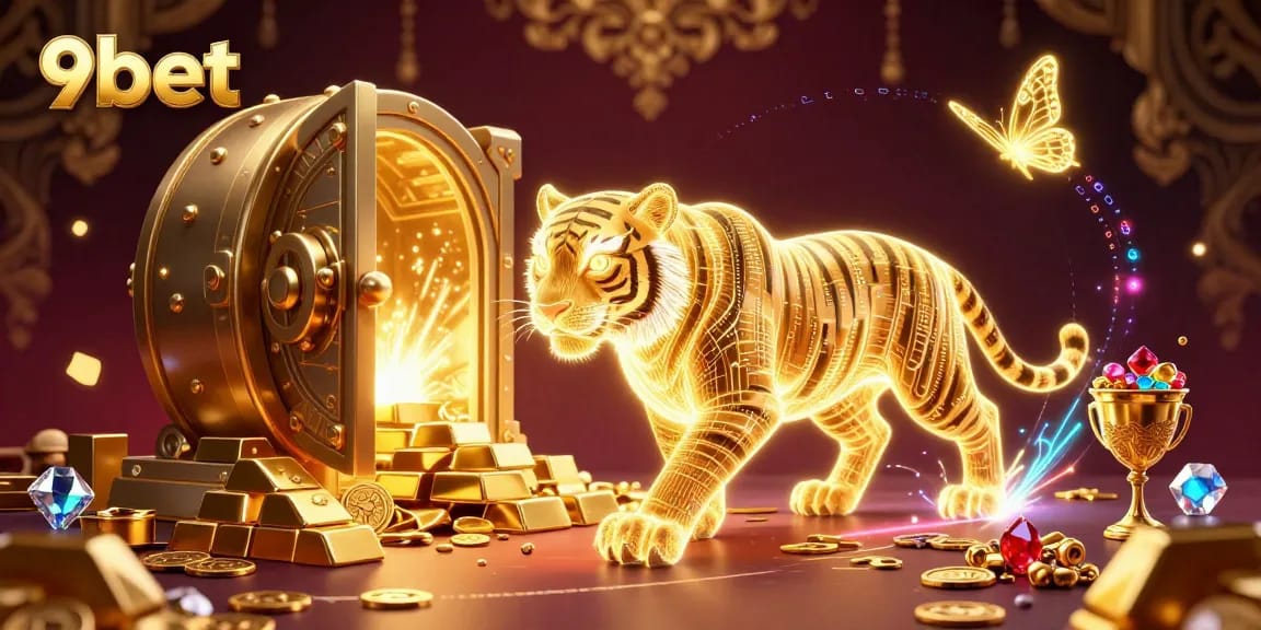 Experience winning at 9bet with an ultra-detailed casino scene featuring a glowing tiger and treasures.