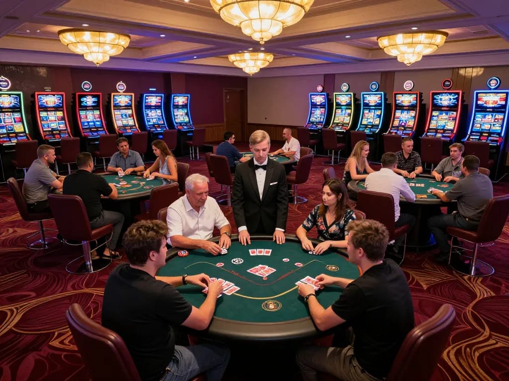 MM88 casino floor bustling with poker tables, engaging players, and vibrant slot machines in view.