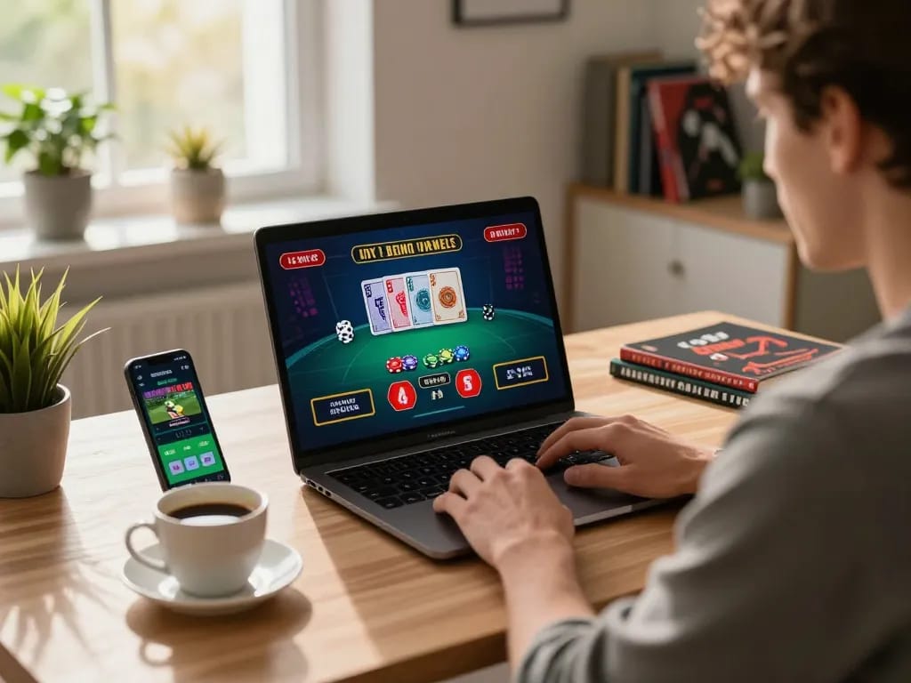 Enjoying an online game on 33winn with laptop and smartphone in a modern home office.