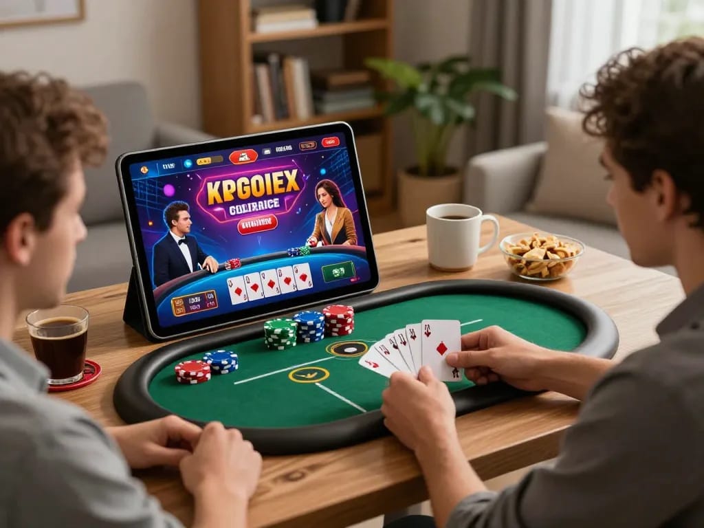 Engaging view of rik vip online poker game on a tablet, showcasing dynamic gameplay and cozy home atmosphere.