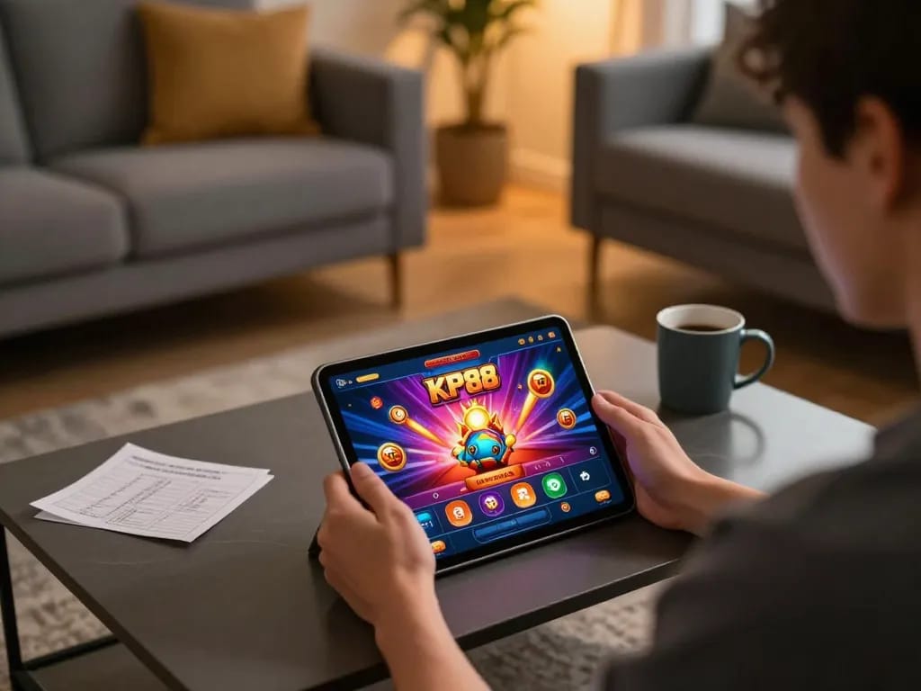 Engaging user plays KP88 online casino game on a tablet in a cozy living room.