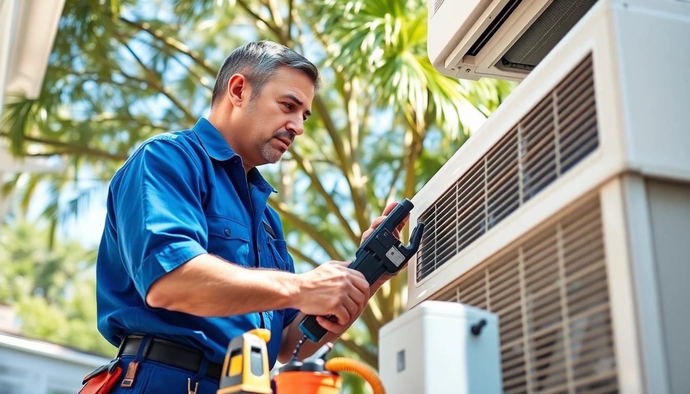 AC Repair Tampa by a professional technician in a residential setting, fixing an air conditioning unit.