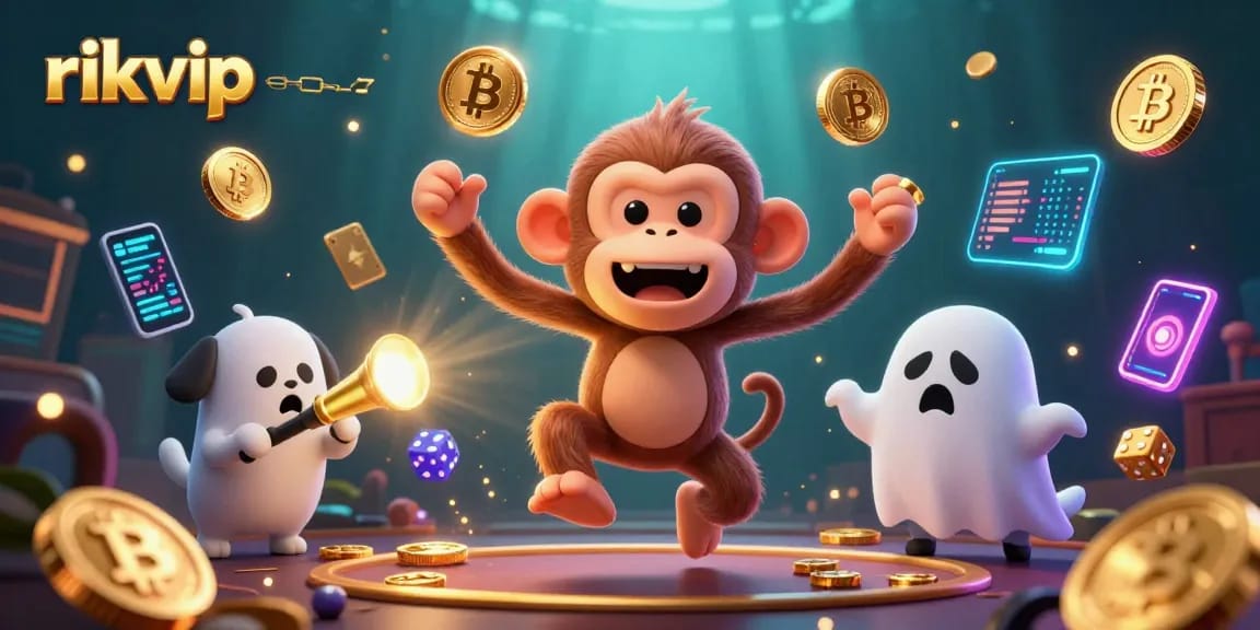 Experience the thrill of rikvip with a poltergeist monkey and ghost-hunter puppy amid a vibrant casino scene.