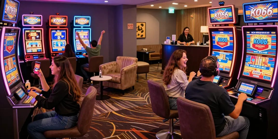 Exciting KO66 gaming lounge scene with players enjoying mobile app on devices amidst vibrant slot machines.