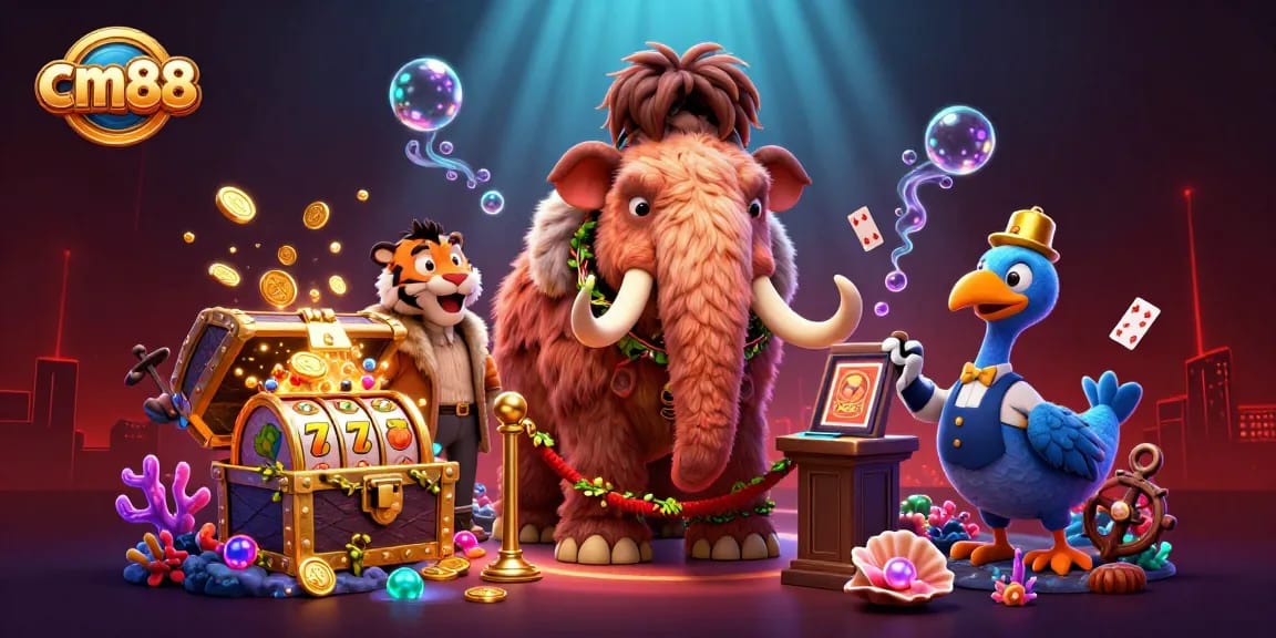 Play exciting games at cm88 with a vibrant casino scene featuring unique characters and dynamic elements.