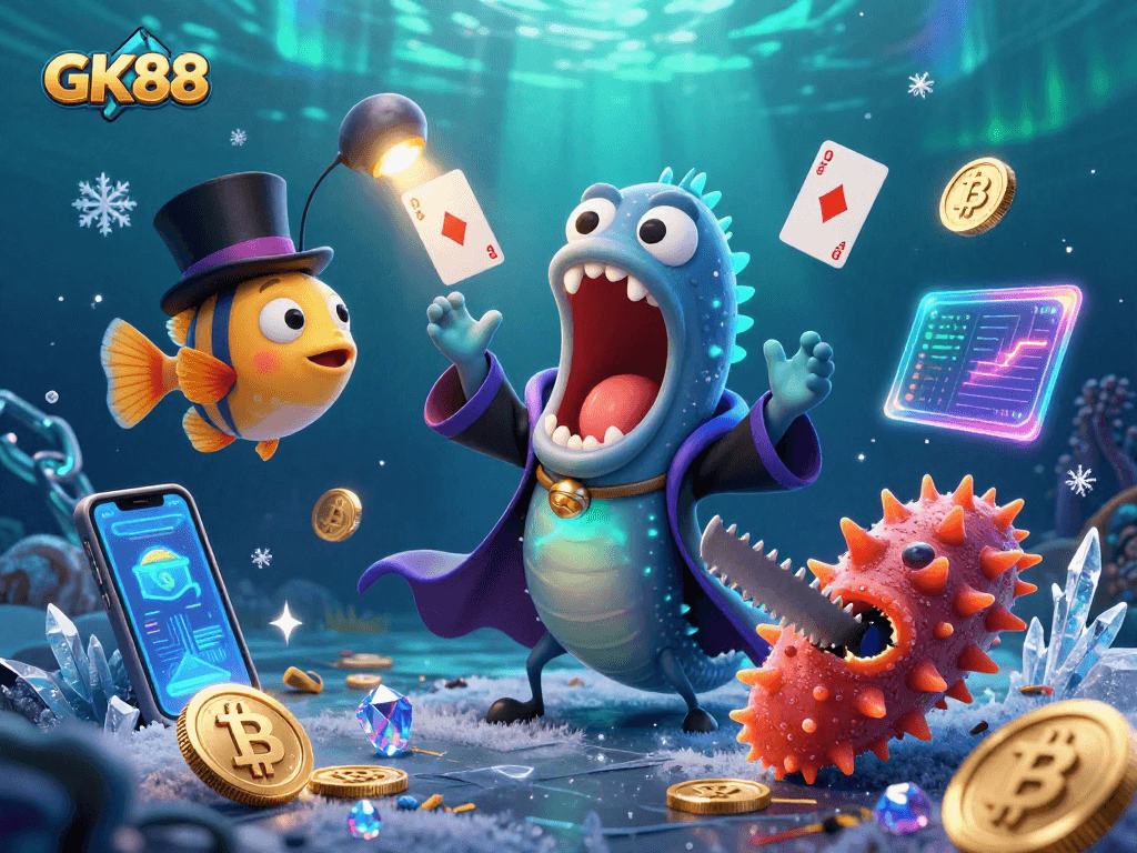 Experience GK88 with a magical scene of underwater characters showcasing dazzling card tricks in a vibrant casino setting.