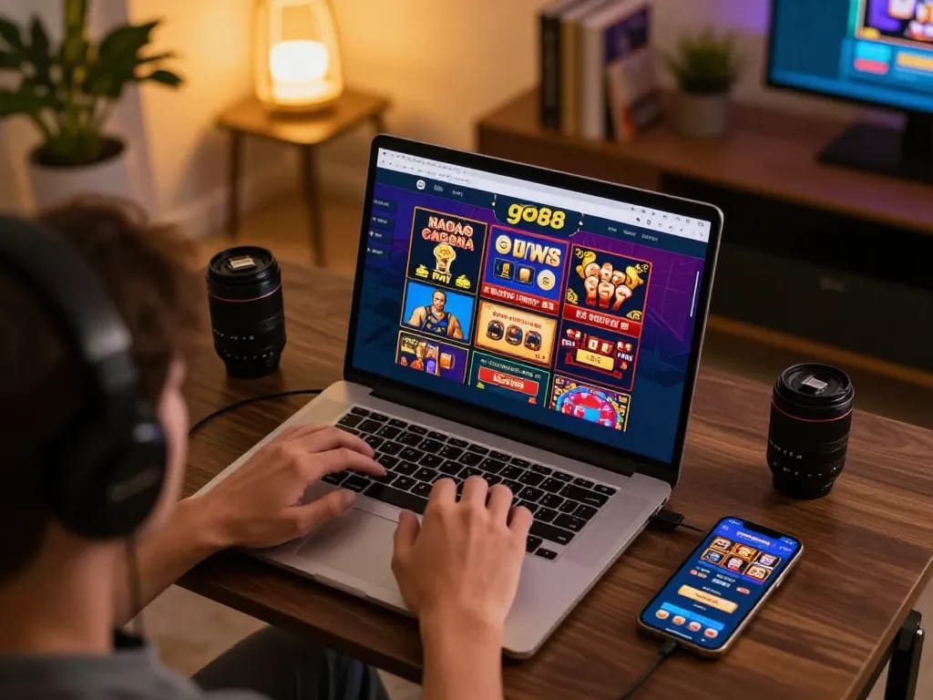 Engaged player using go88 casino app on laptop, enjoying a comfortable home gaming experience.