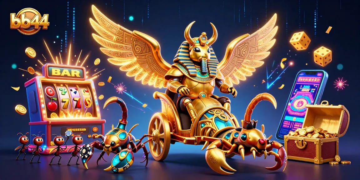 Experience thrilling gameplay with bb44, a vibrant casino scene featuring a golden scarab and huge slot machine.