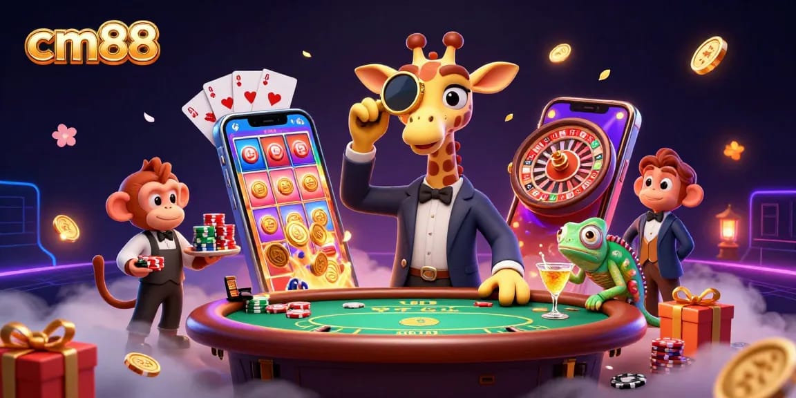 Engage with cm88 through vibrant 3D illustration featuring a giraffe at a casino table, surrounded by lively characters and games.