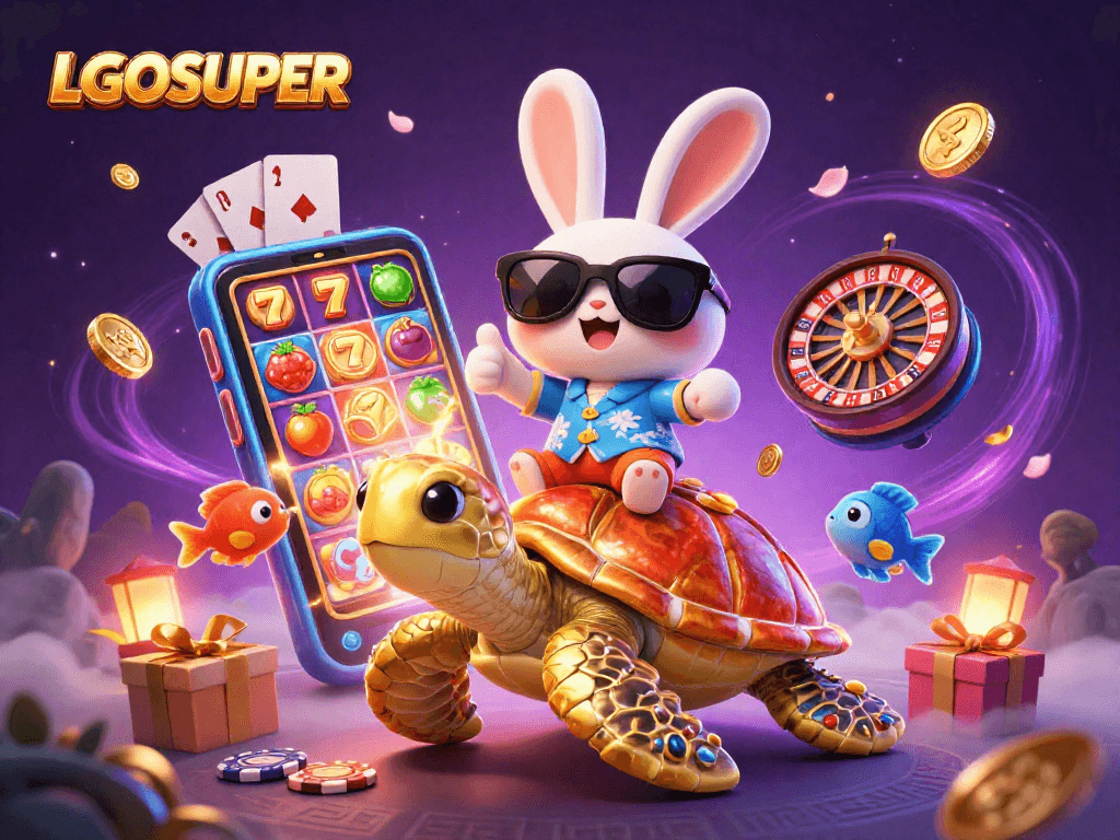 Play thrilling games with LGOSUPER as the lucky rabbit rides a golden sea turtle in a vibrant casino world.