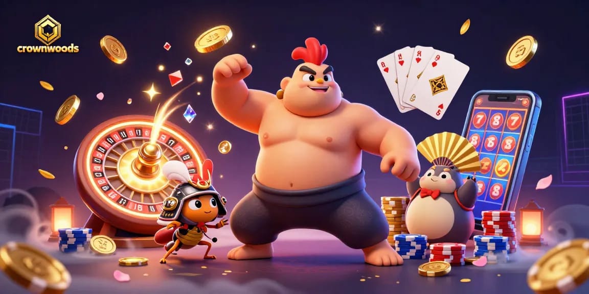 Crownwoods casino features a powerful sumo wrestler rooster and a fierce cricket amidst sparkling game elements.
