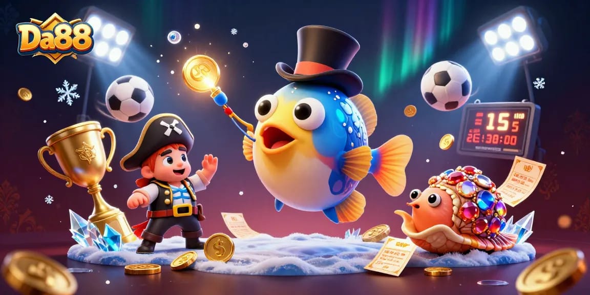 Attract winning golden coins with Da88 in a fun and vibrant casino-themed underwater scene.
