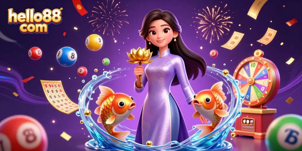 Experience excitement at hello88 com with vibrant lottery balls, golden koi fish, and festive elements for a thrilling gaming atmosphere.