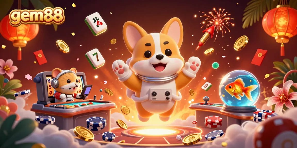 Experience the excitement of gem88 with a vibrant 3D illustration featuring lively casino elements.