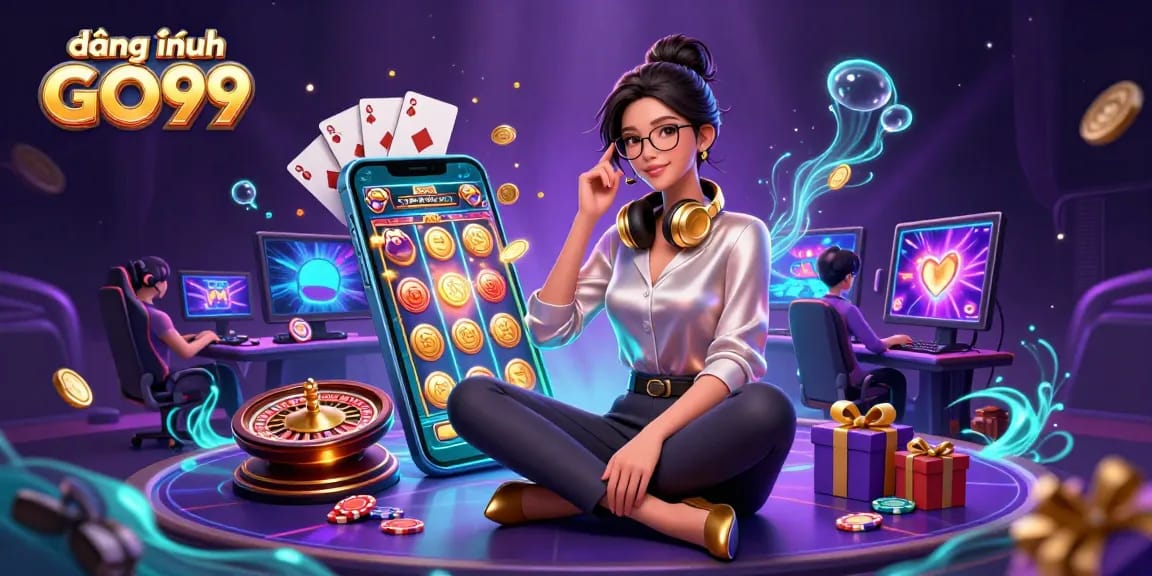 Experience action with đăng nhập GO99 as an elegant Asian woman showcases a high-tech gaming setup, vibrant casino game excitement.