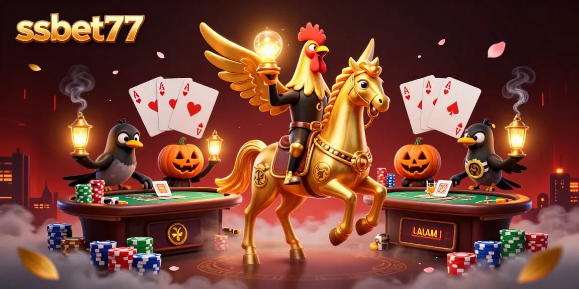 Engage with exciting games at ssbet77 in a vibrant casino illustration featuring a golden rooster.