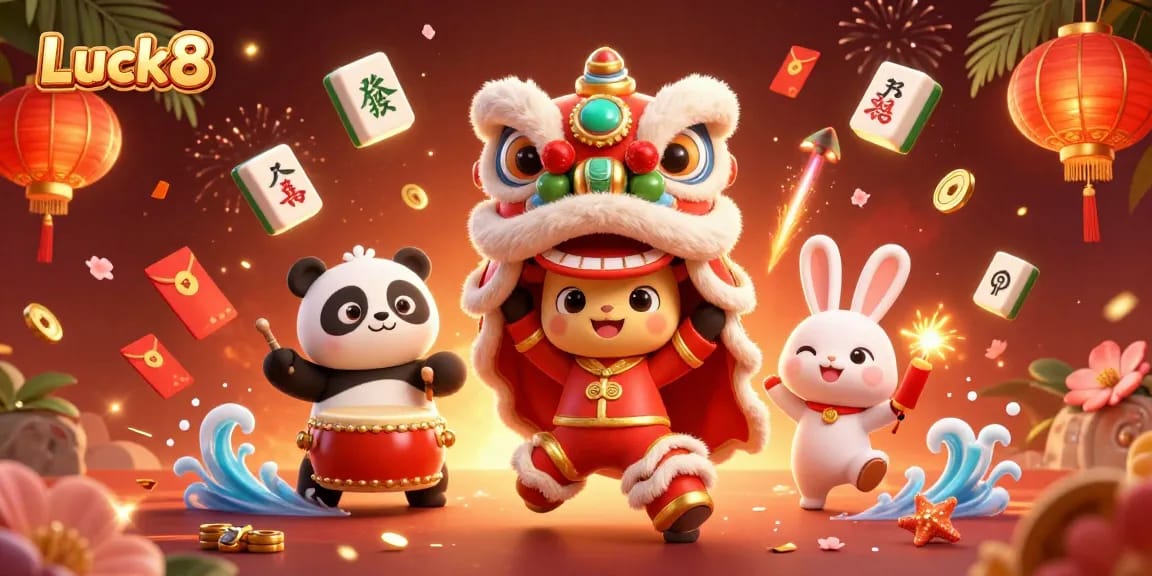 Engage with Luck8 through a vibrant casino scene featuring festive characters and casino elements