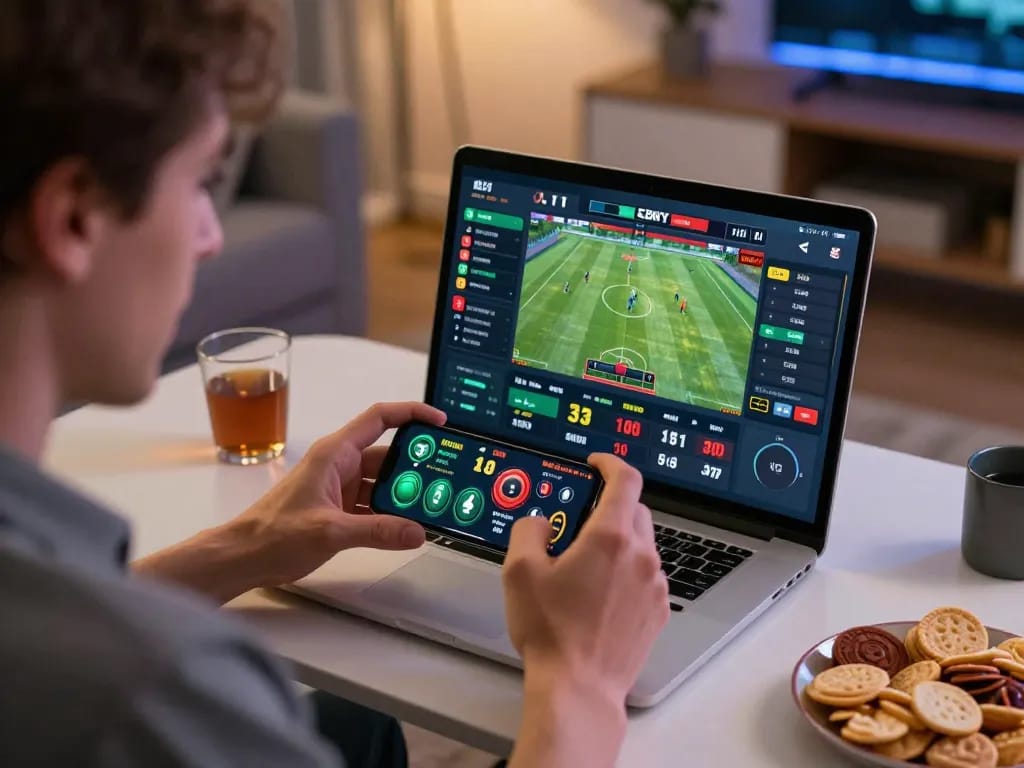Engaged player using live betting app on smartphone at home, showcasing lc88pro interface.