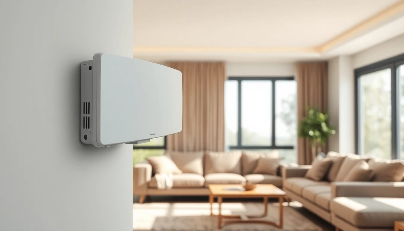 Showcase a mini split ac on a wall in a stylish living room, emphasizing modern design.