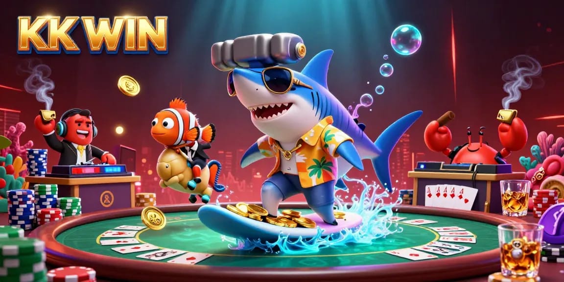 Experience the thrill of KK WIN with a vibrant underwater casino scene featuring a shark surfing on gold coins.