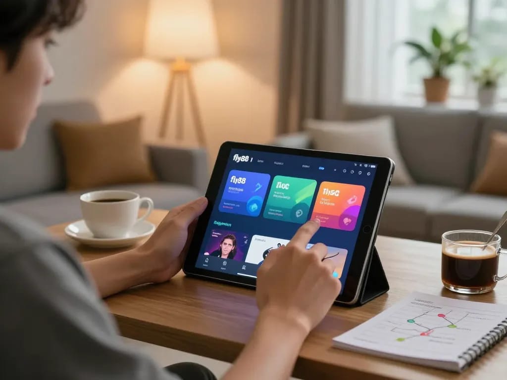Engaging player using the fly88 app on tablet in a cozy setting, focusing on online gaming.