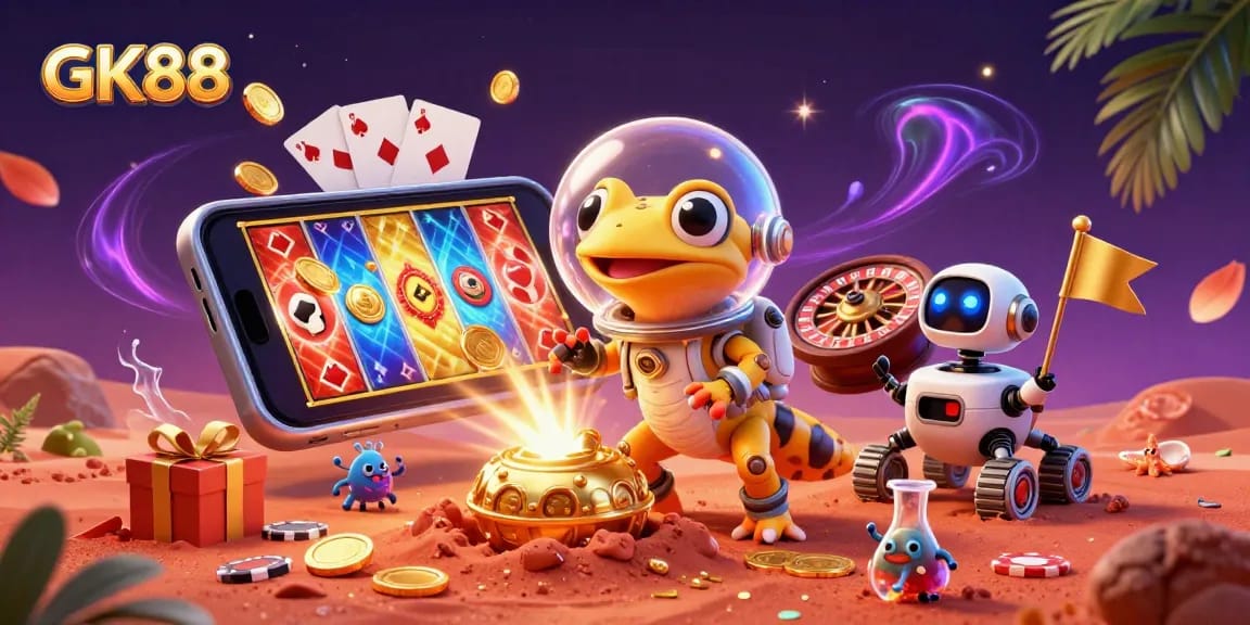 GK88's cartoon Martian gecko explores a golden casino on Mars, surrounded by dynamic gaming elements.
