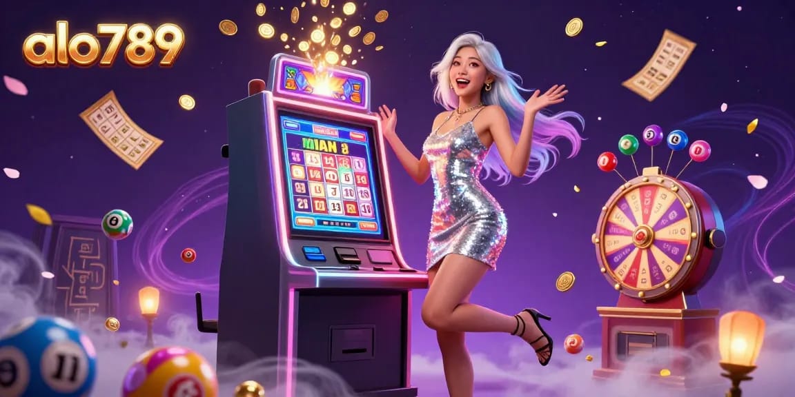 Alo789 casino excitement illustrated with a stunning woman celebrating jackpot wins surrounded by vibrant game elements.