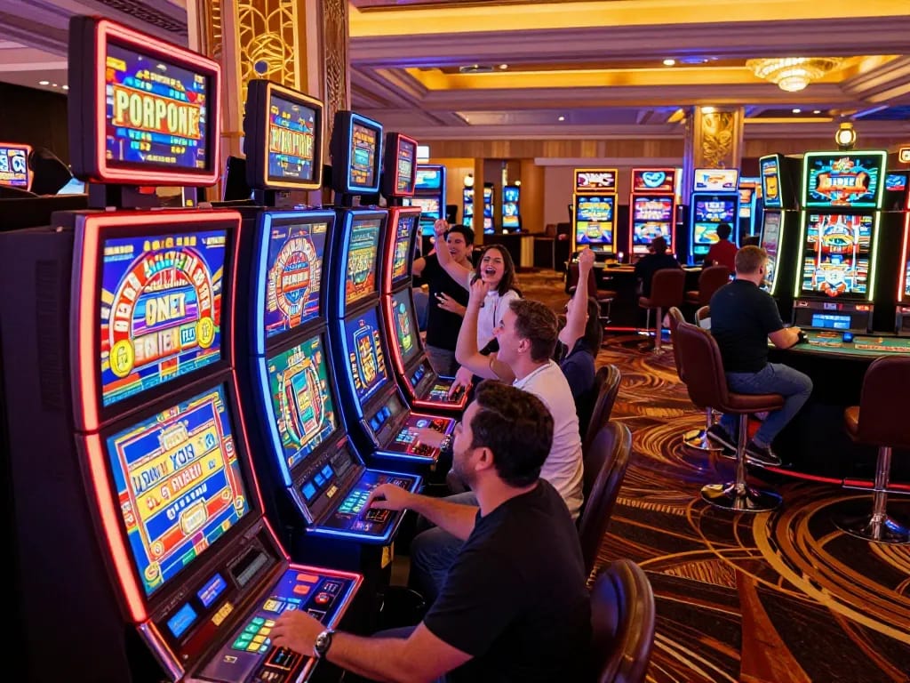Pemain menikmati mesin slot Paris di kasino yang ramai, merayakan kemenangan di bawah cahaya berwarna-warni.