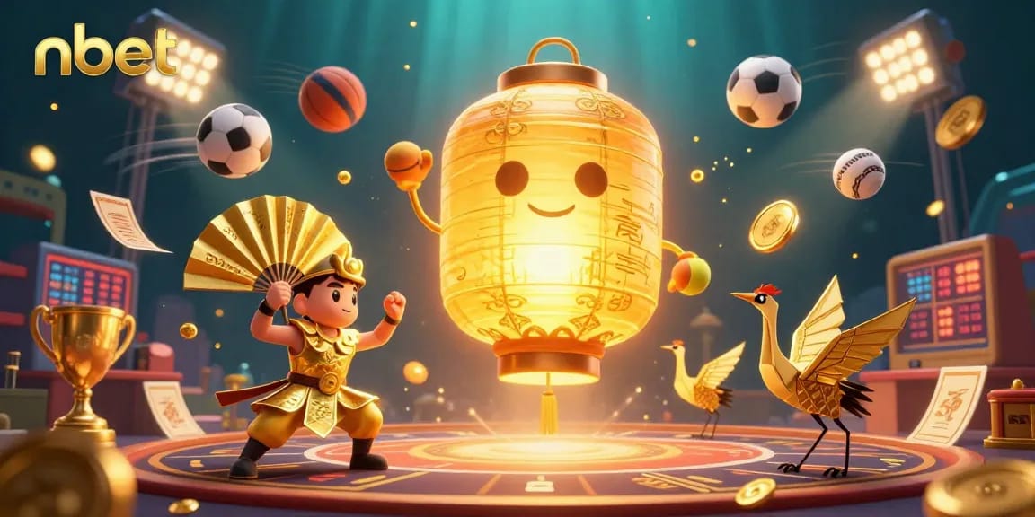Engage with nbet's casino excitement featuring a golden lantern spirit and dynamic sports elements.