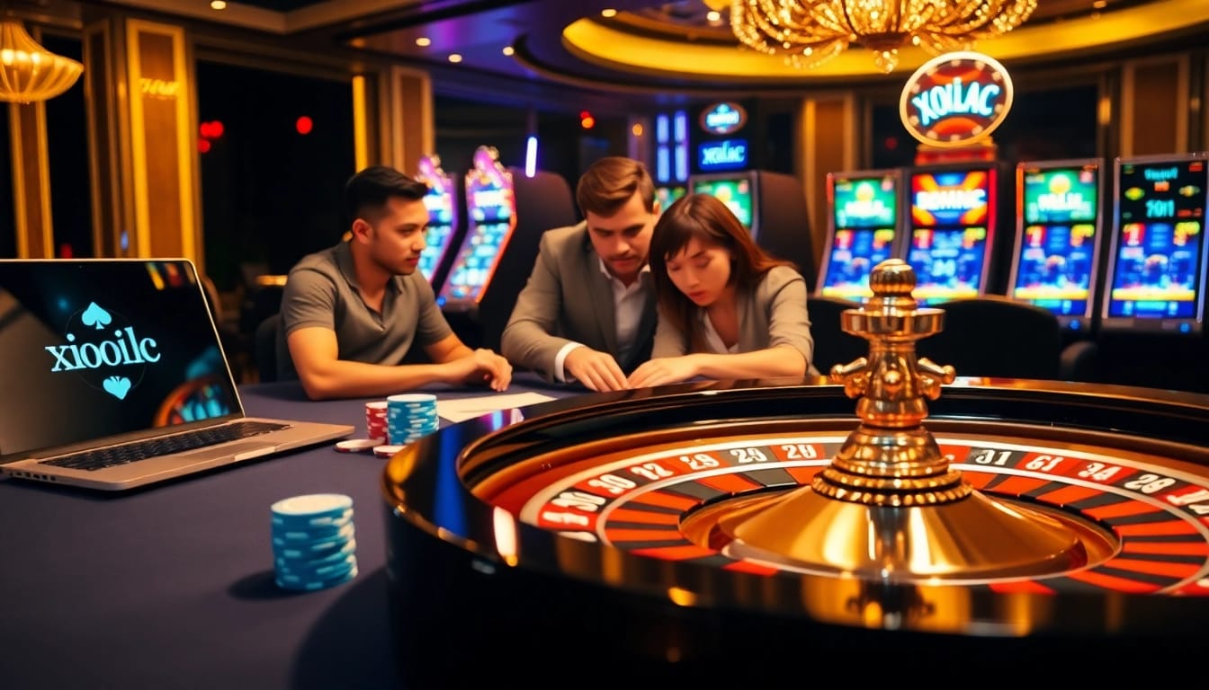 Xoilac engages players at a vibrant casino table with poker chips and cards.