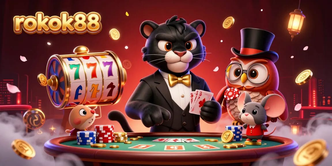 rokok88 brings you an exciting casino experience with a stylish black panther and friends in a vibrant scene.