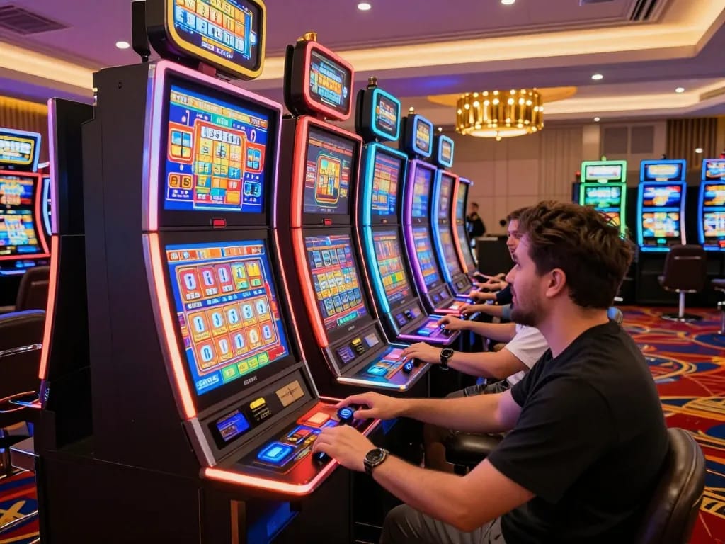 Players enjoying slot machines at 77WIN casino, capturing vibrant atmosphere and excitement