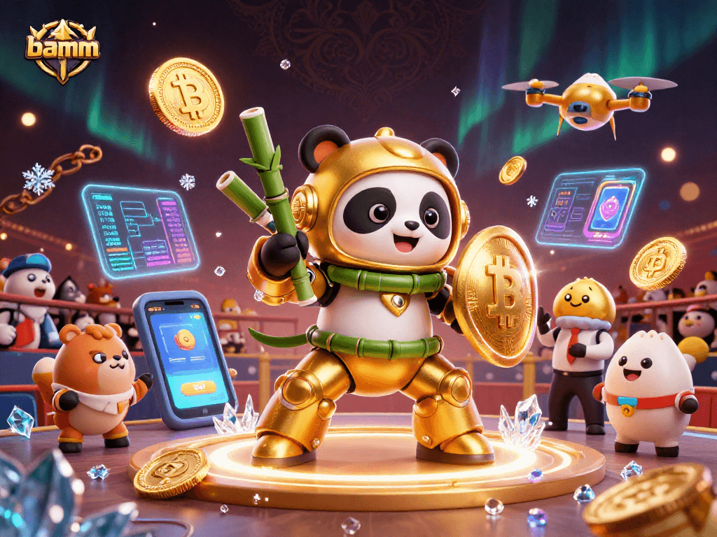 Engage with bamm at an electrifying golden panda casino battle featuring vibrant crypto coins.