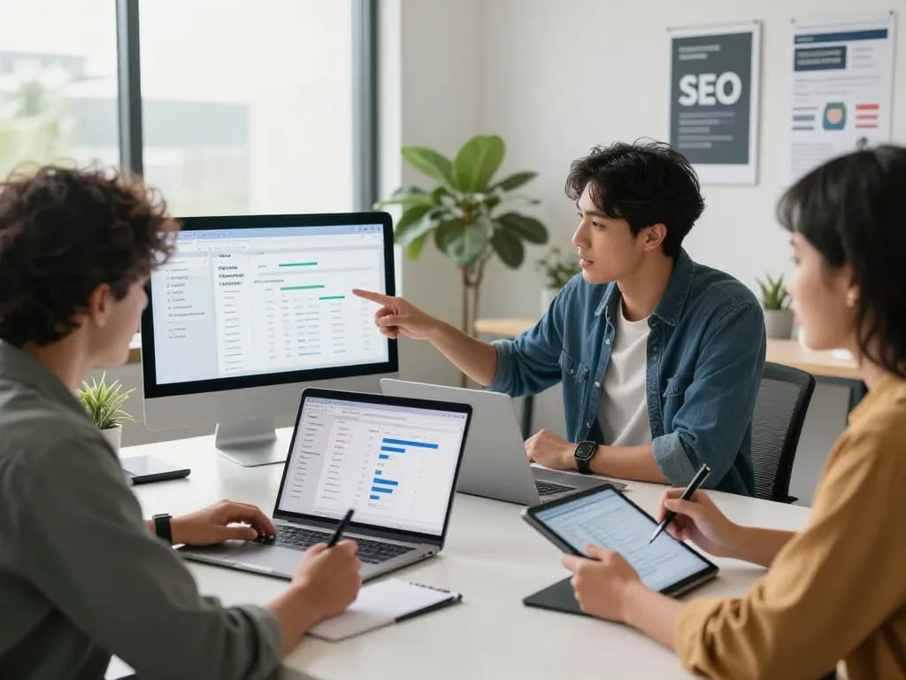 Team collaborating on group buy SEO tools project in modern office, showcasing digital marketing strategies.