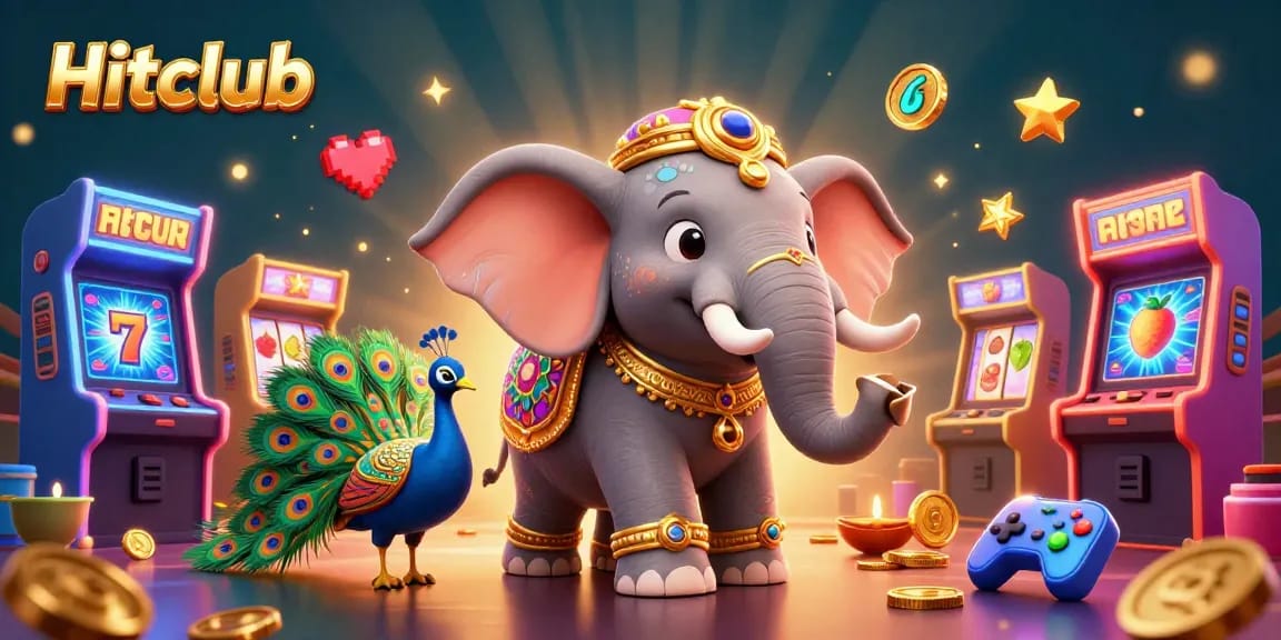 Experience the thrill of Hitclub with a vibrant, 3D casino illustration featuring a festive elephant and an array of gaming elements.