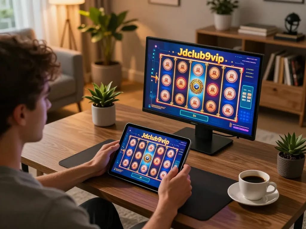 Engaging in Jdclub9vip gaming on a tablet in a cozy living room setup