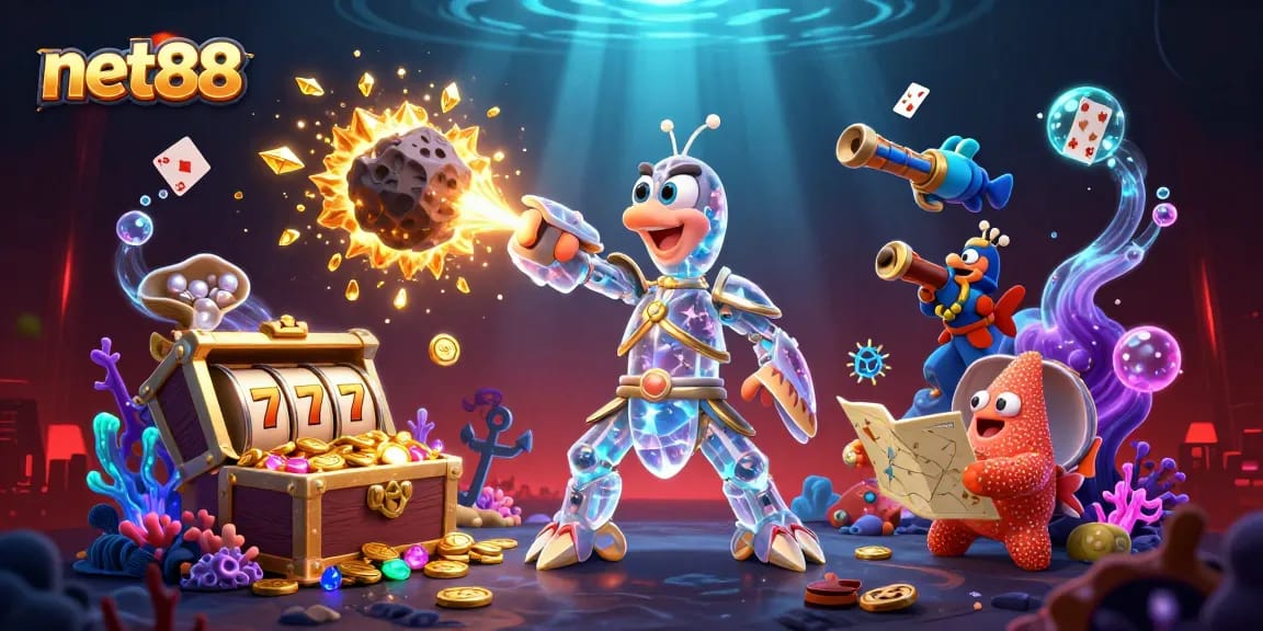 Engage with the net88 experience: a samurai mantis shrimp and treasure bursting with gems!