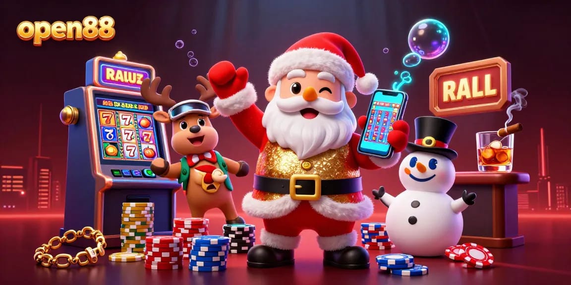 Experience jackpot excitement at open88 with Santa, a reindeer dealer, and a poker chip snowman.