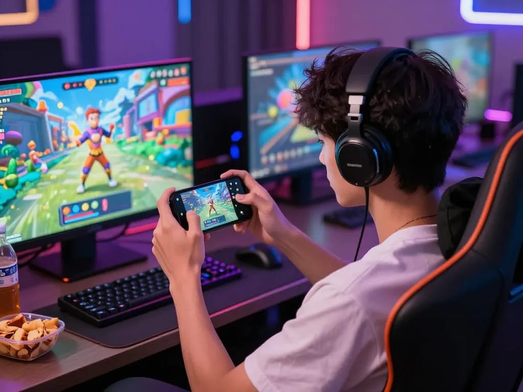 Engaging moment of a gamer playing a mobile porn game on their smartphone in a vibrant setting.